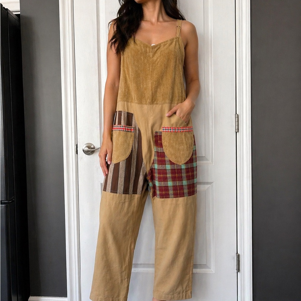 easel Mustard Patchwork Wide Leg Jumpsuit with Plaid Pockets